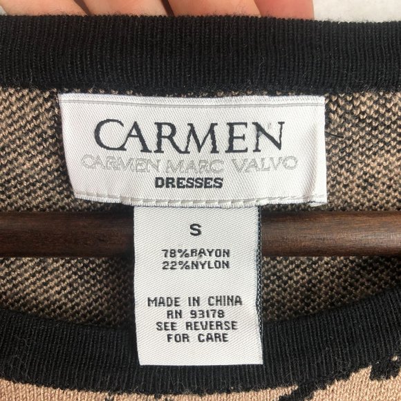 Carmen Marc Valvo Women's Size Small Black Brown Printed Knit Sweater Mini Dress - Picture 6 of 8